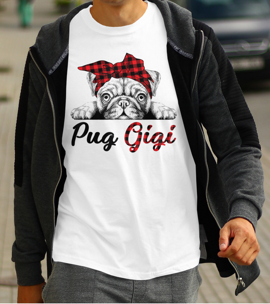 Pug Gigi Red Plaid Headband T-Shirt