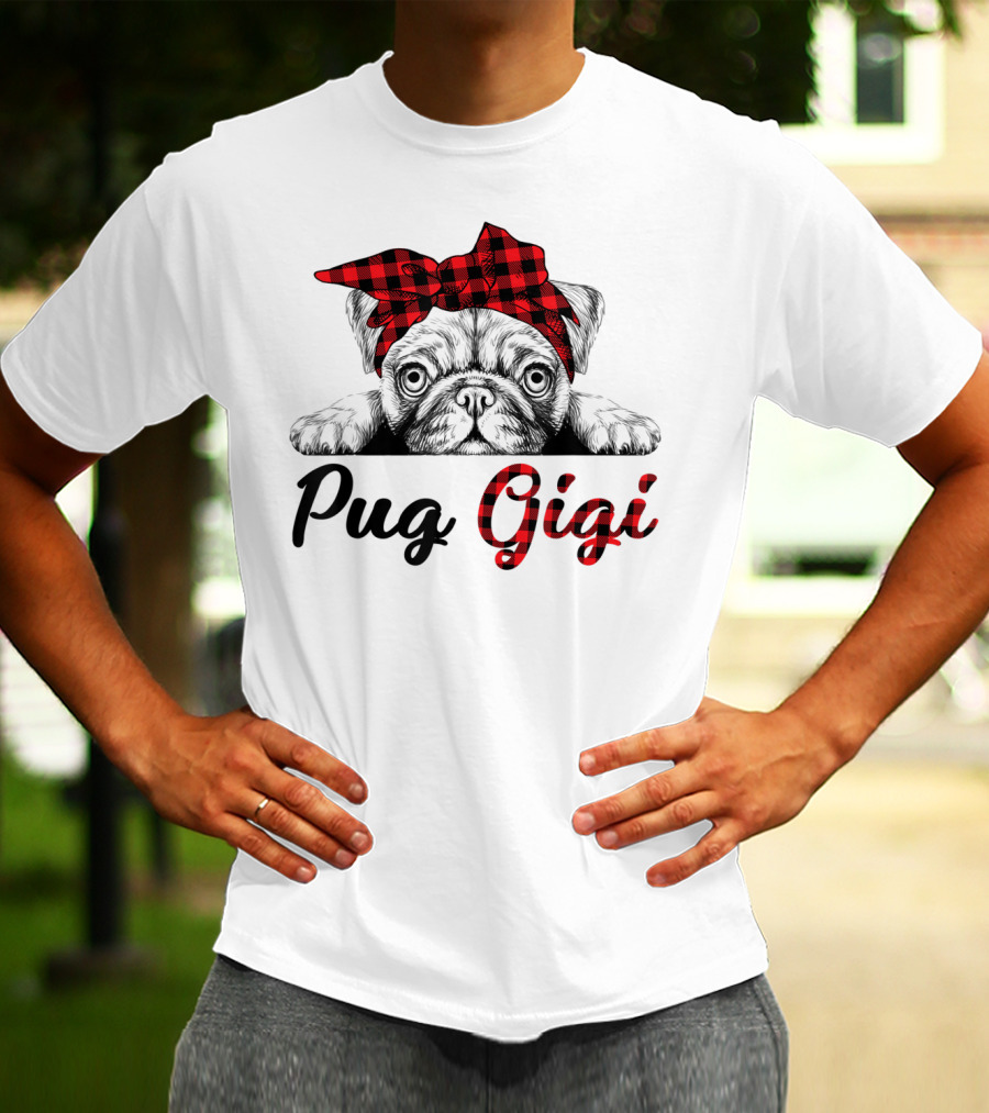 Pug Gigi Red Plaid Headband T-Shirt