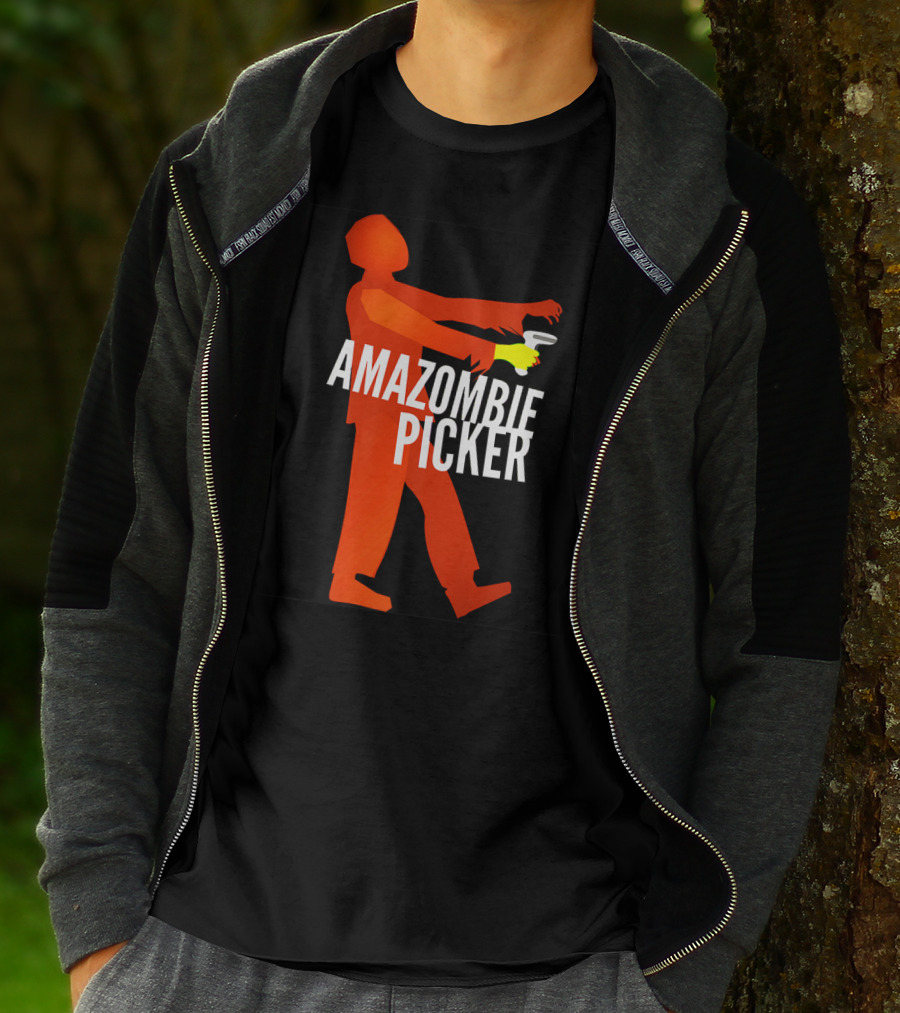 Amazombie Picker Walking Zombie Silhouette With Coffee Cup T-Shirt