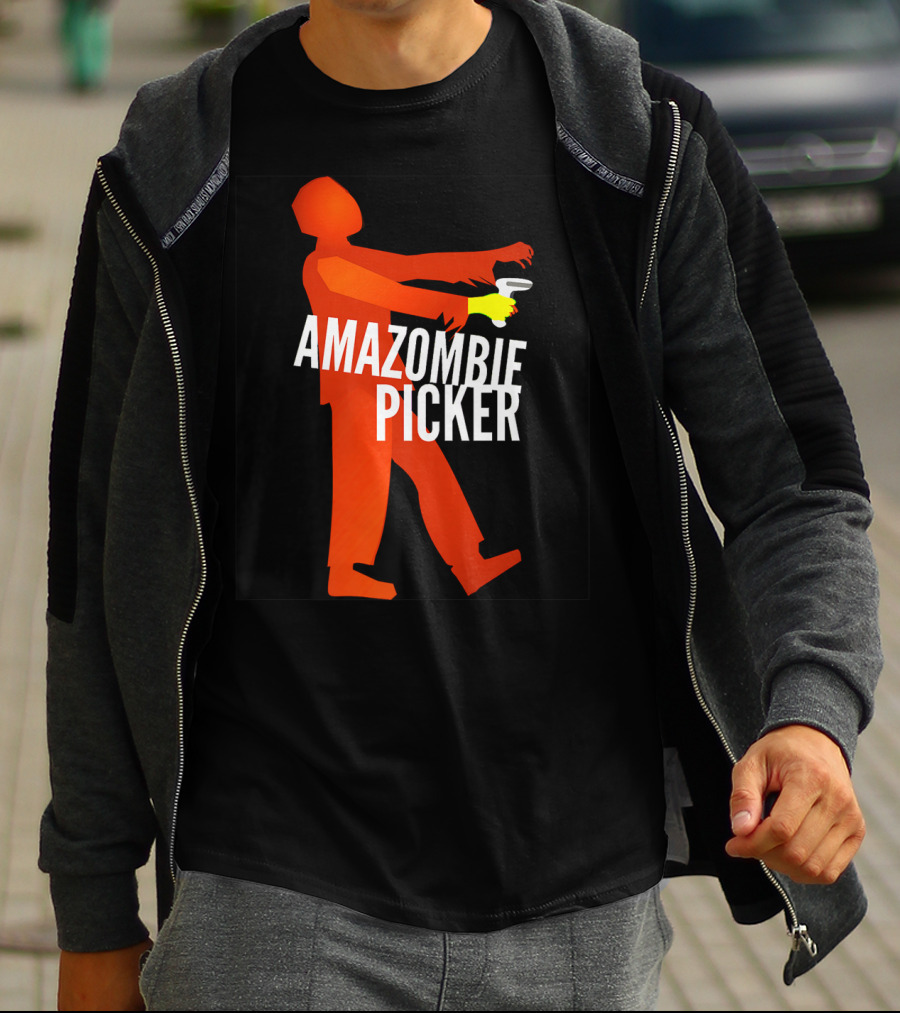 Amazombie Picker Walking Zombie Silhouette With Coffee Cup T-Shirt