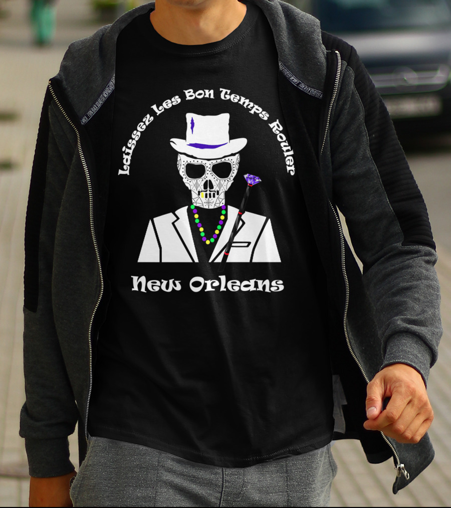 Laissez Les Bon Temps Rouler New Orleans Baron Samedi Skull Cane Beads T-Shirt
