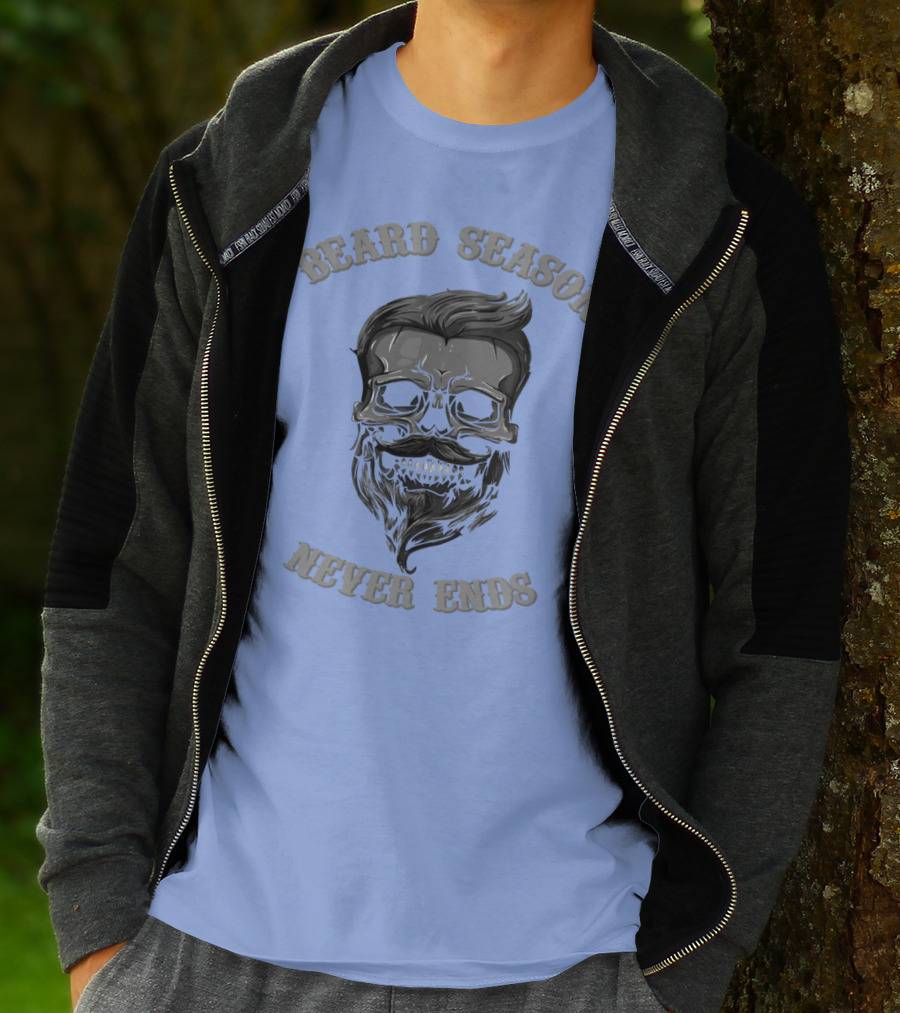 Beard Season Never Ends Skull With Mustache And Hair T-Shirt