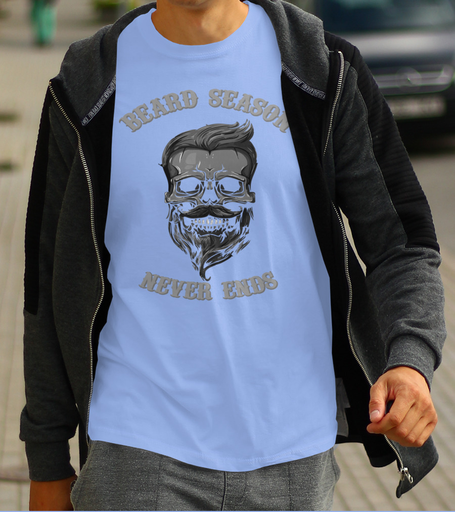 Beard Season Never Ends Skull With Mustache And Hair T-Shirt