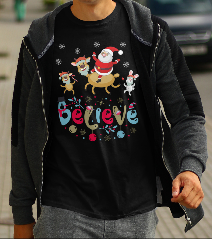 Believe Christmas Santa Claus Reindeer Rabbit Snowflakes T-Shirt