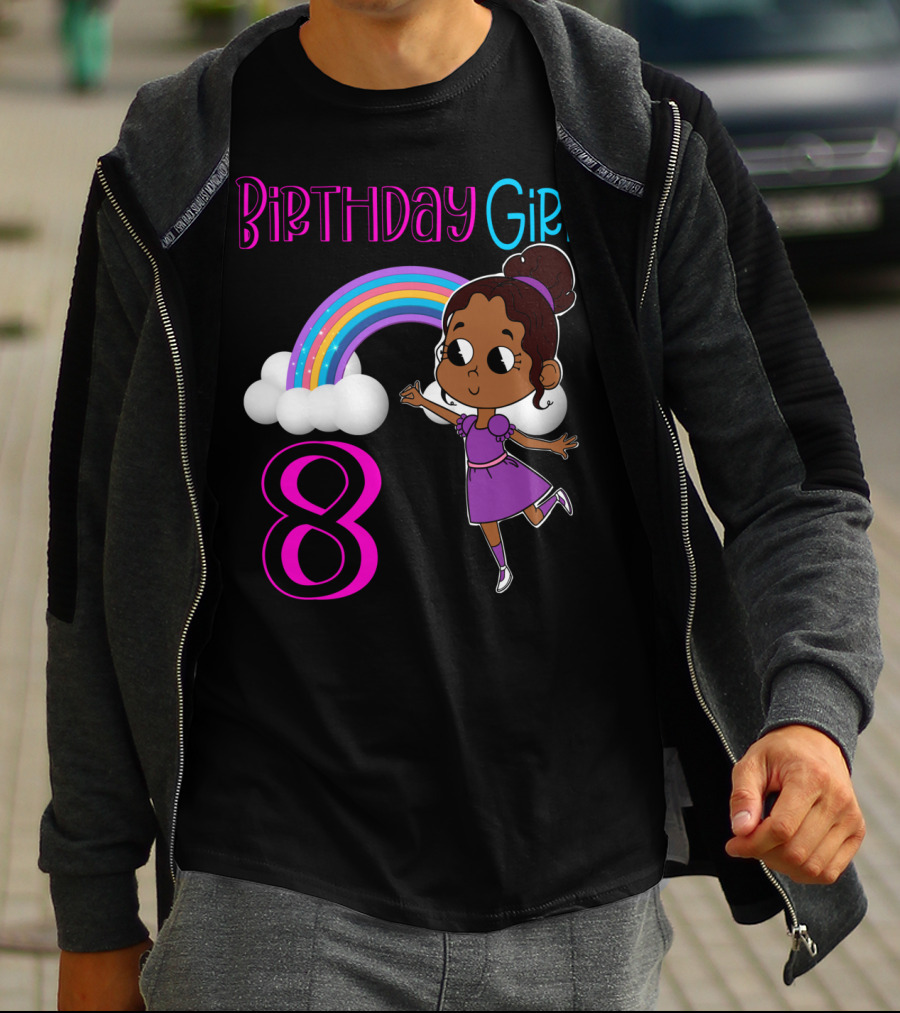 Birthday Girl 8 Rainbow Celebration With African American Cartoon Kid T-Shirt