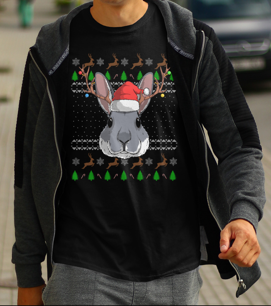 Bunny Rabbit Wearing Santa Claus Hat With Antler Reindeer And Christmas Trees T-Shirt