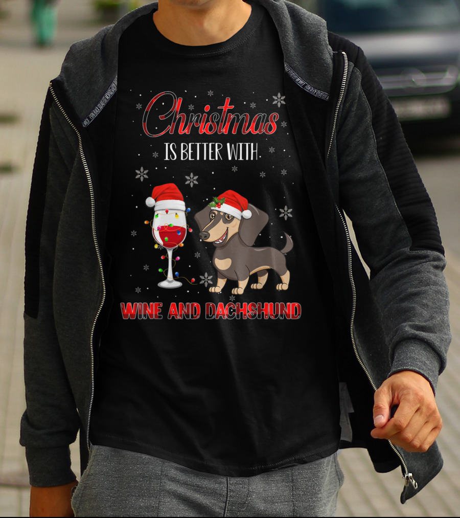 Christmas Is Better With Wine And Dachshund Santa Hats Snowflakes T-Shirt