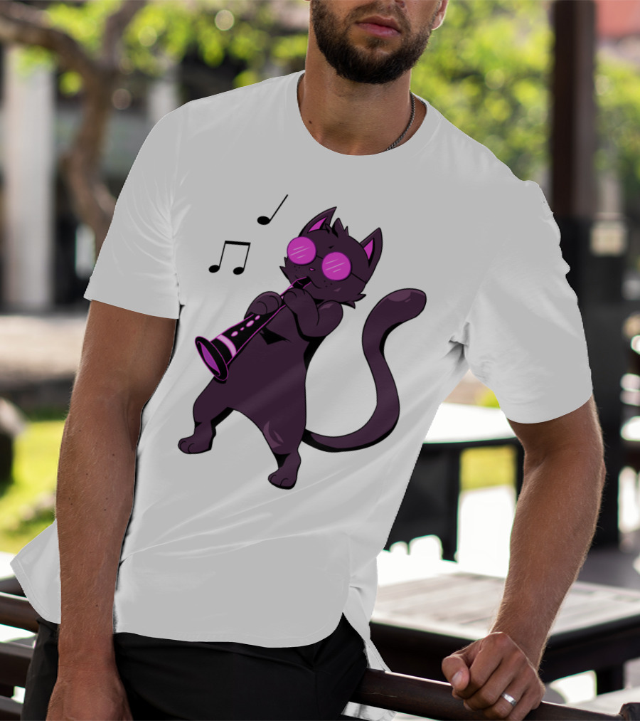 Clarinet Playing Cool Cat Hippy Hipster Kitty With Sunglasses T-Shirt