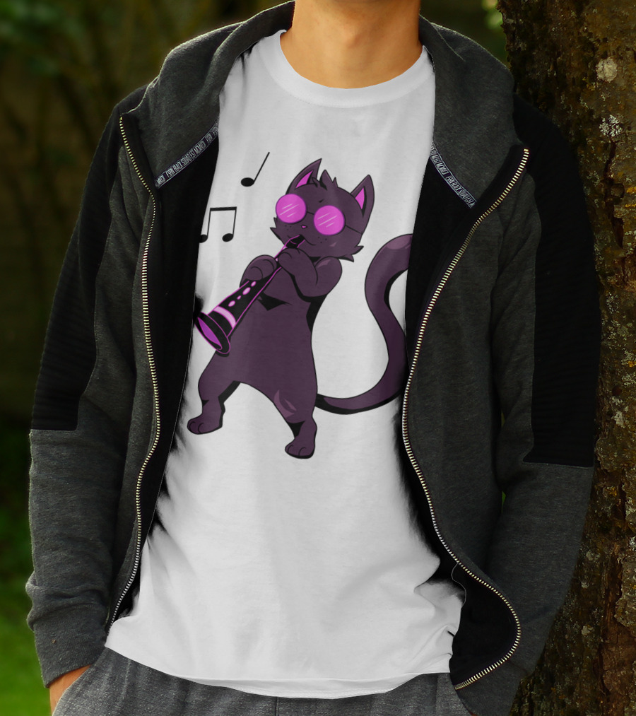 Clarinet Playing Cool Cat Hippy Hipster Kitty With Sunglasses T-Shirt