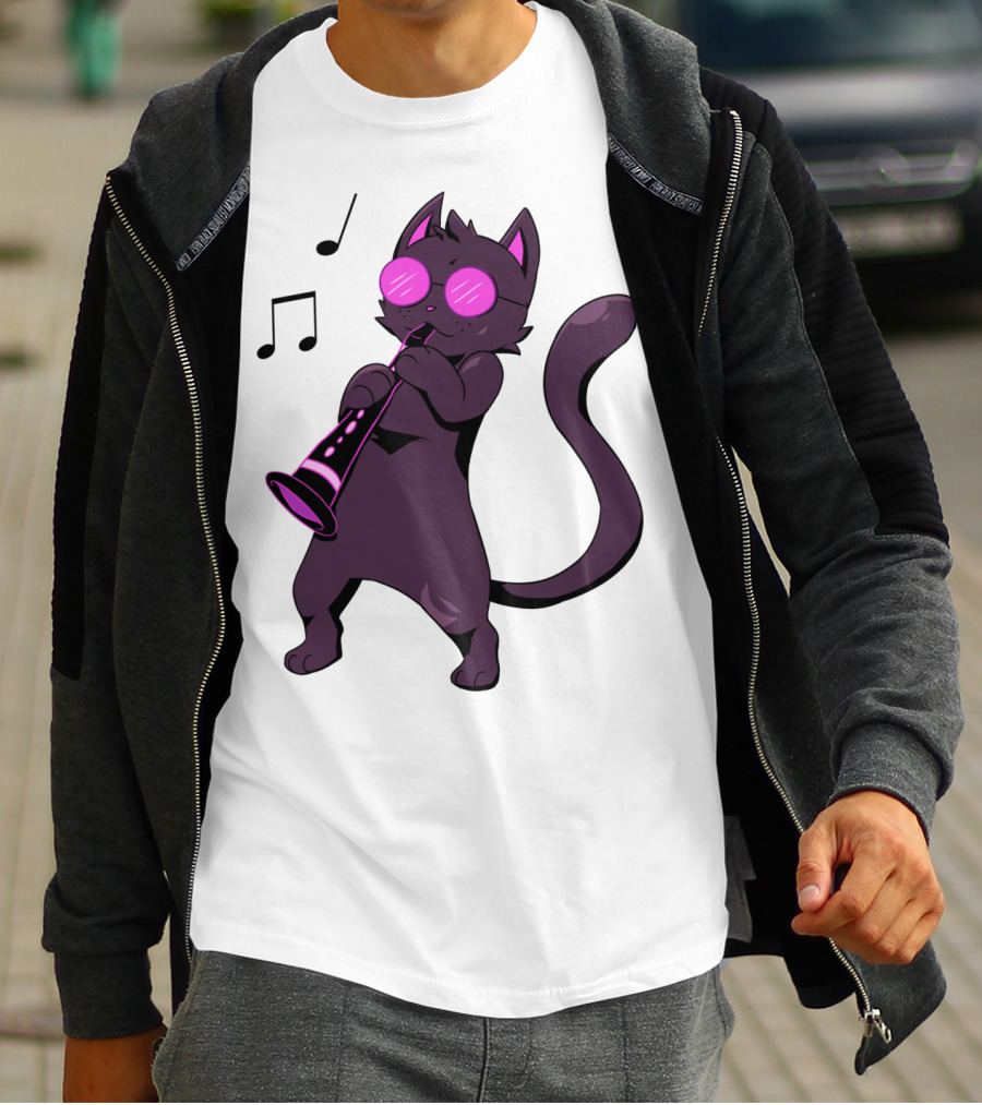 Clarinet Playing Cool Cat Hippy Hipster Kitty With Sunglasses T-Shirt