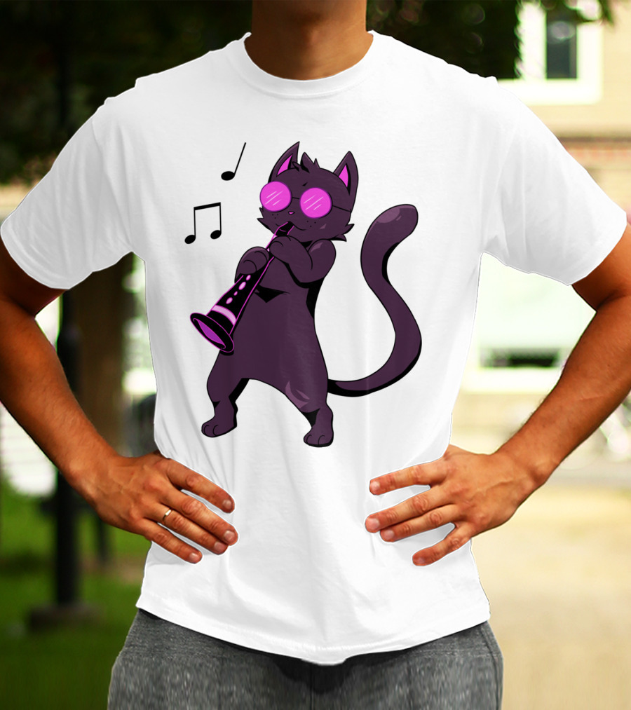 Clarinet Playing Cool Cat Hippy Hipster Kitty With Sunglasses T-Shirt