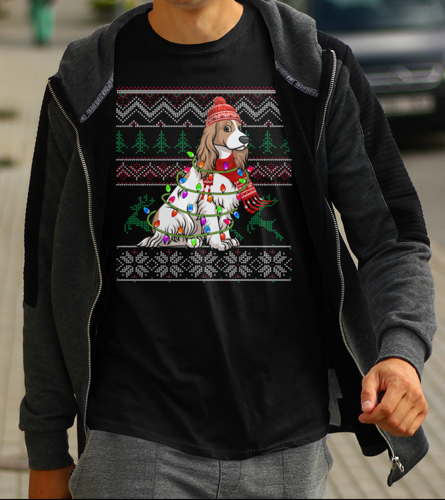 Cocker Spaniel Holiday Sweater With Christmas Lights And Reindeer T-Shirt