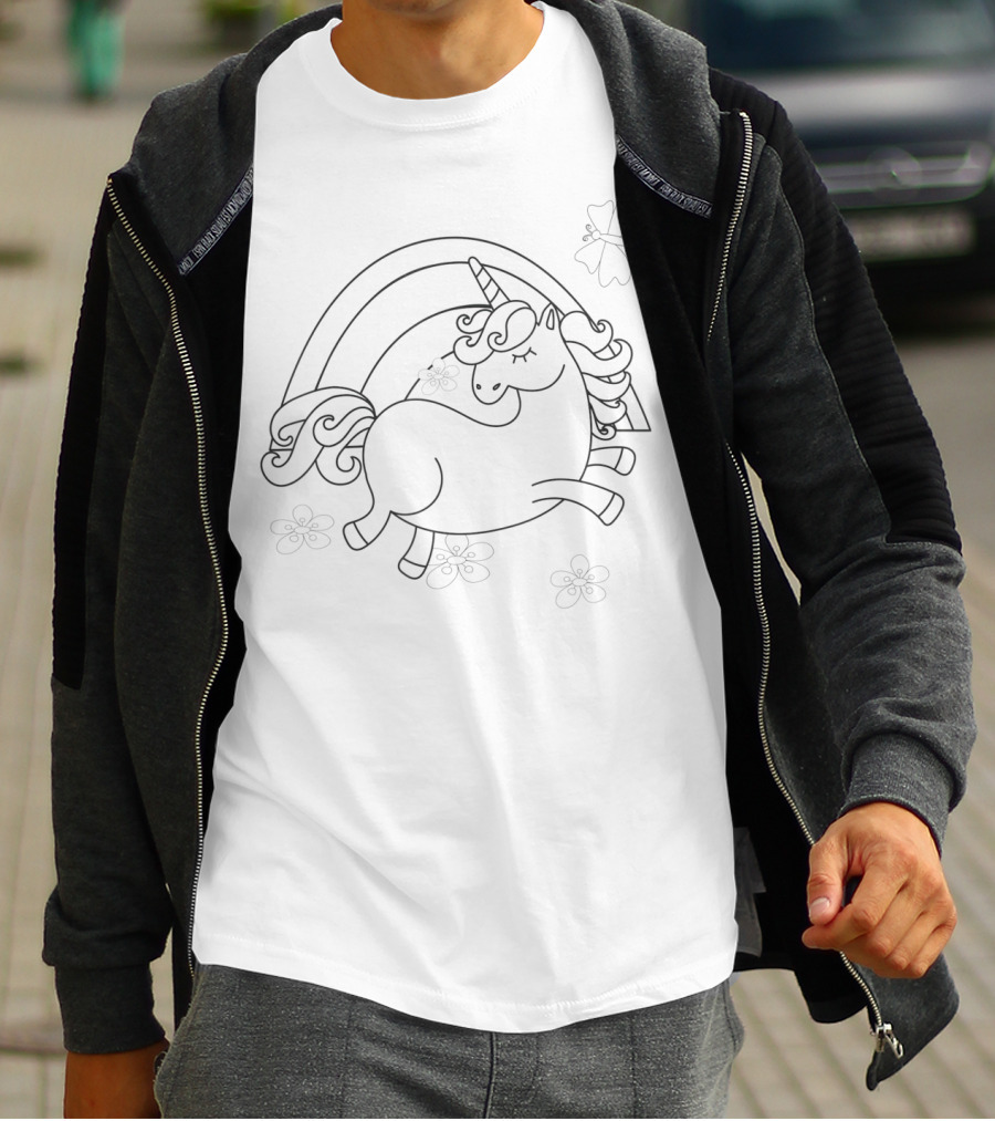 Coloring Book Style Cute Unicorn Rainbow Butterfly Flowers T-Shirt