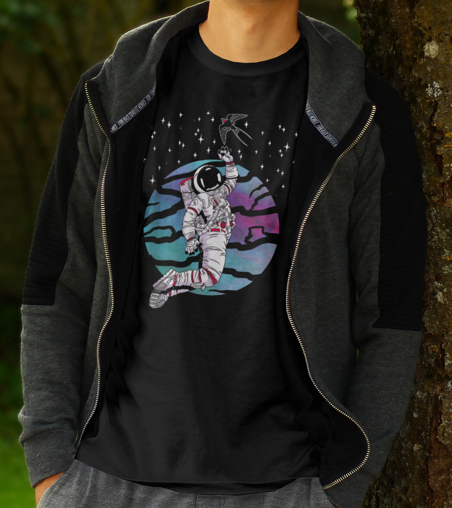 Cosmic Apparition Astronaut Reaches For Celestial Bird In Starry Universe T-Shirt