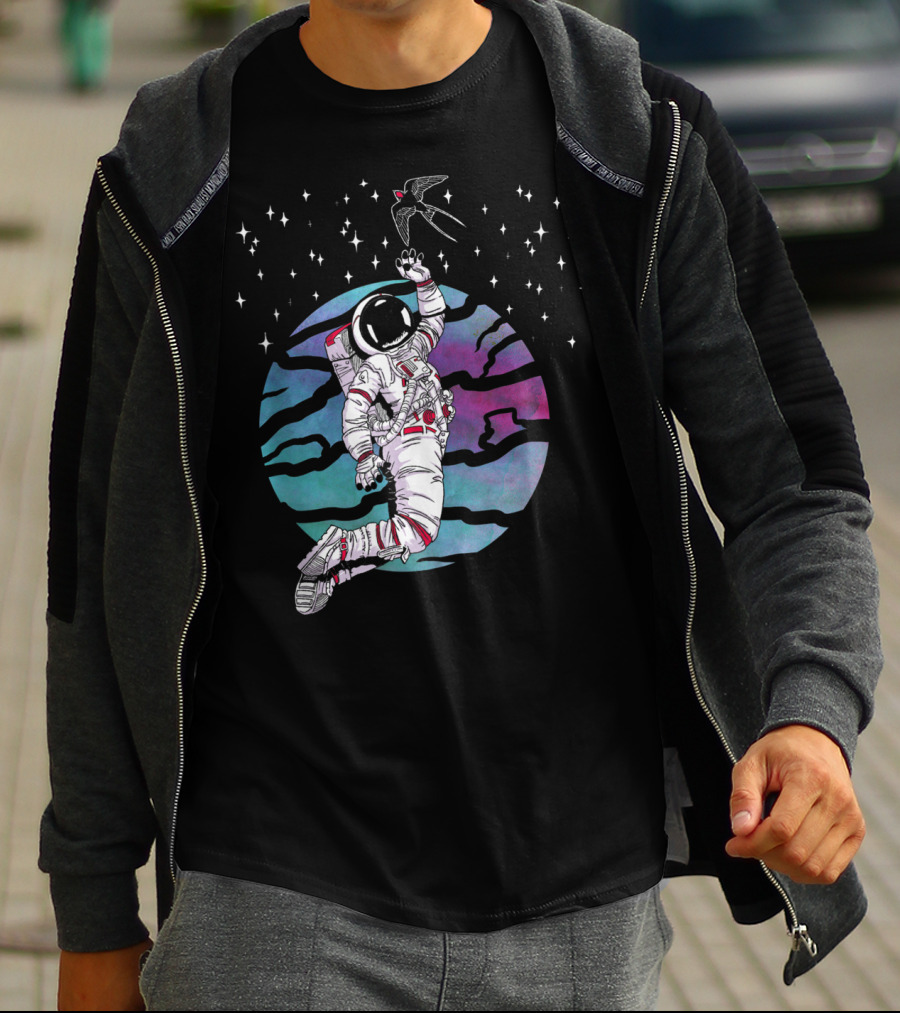 Cosmic Apparition Astronaut Reaches For Celestial Bird In Starry Universe T-Shirt