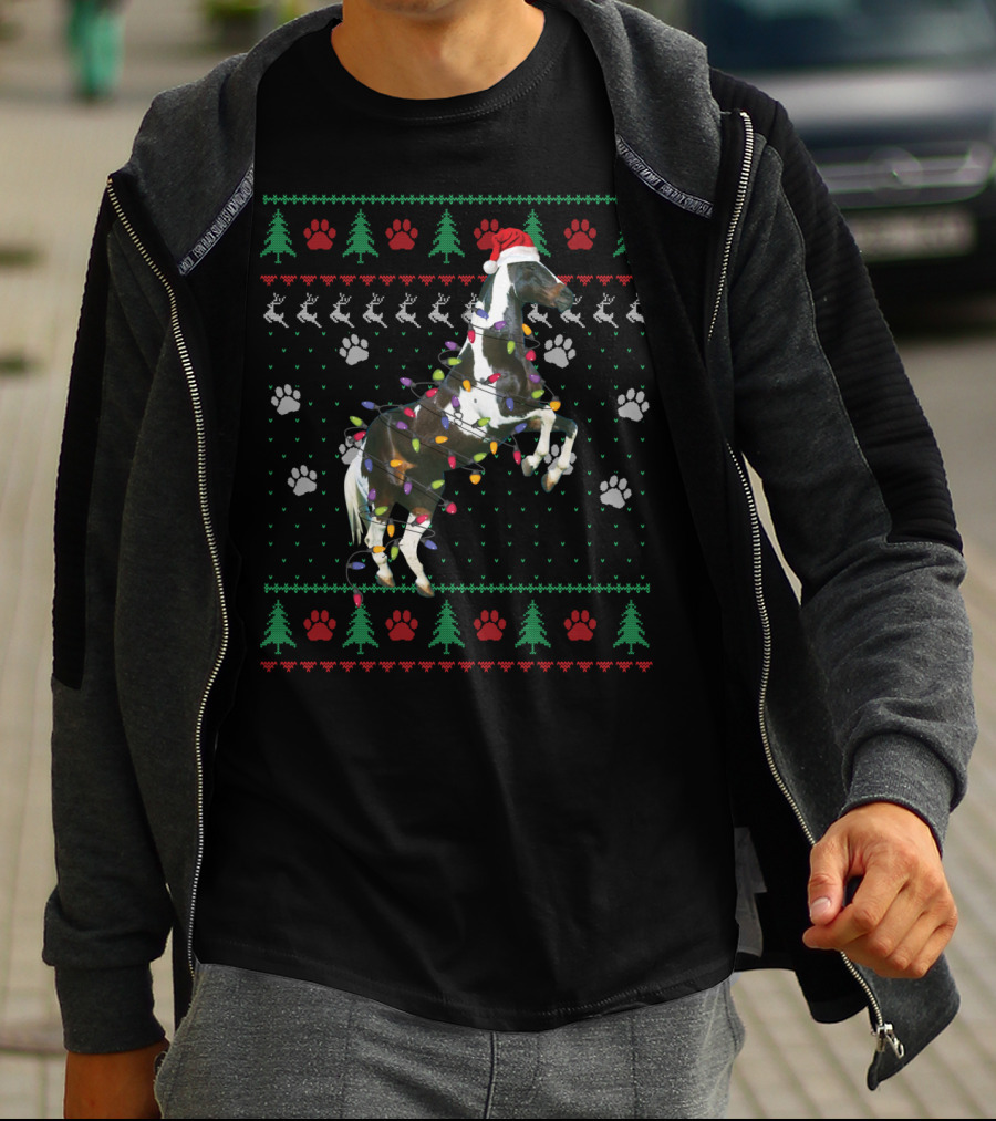 American Paint Horse Christmas Lights Santa Hat Ugly T-Shirt
