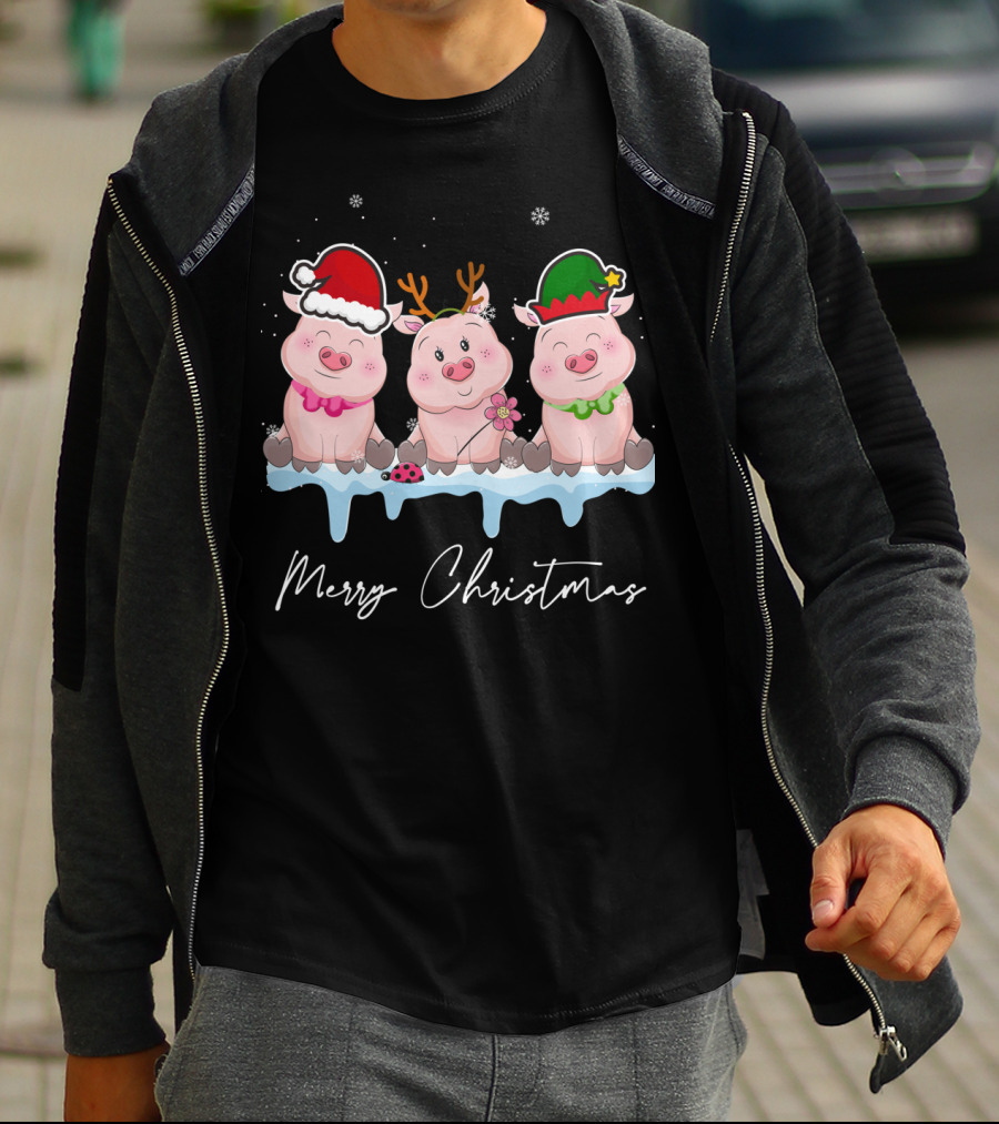 Merry Christmas Cute Pig Santa Hat Xmas Holiday Trio T-Shirt