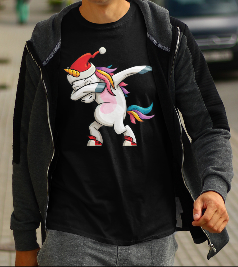 Dabbing Santacorn Xmas Funny Santa Unicorn Rainbow Mane Santa Hat T-Shirt