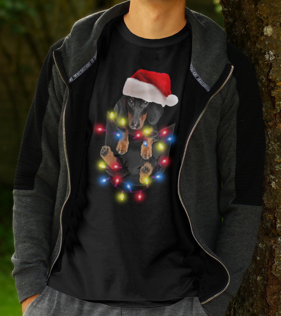 Dachshund Santa Hat Christmas Lights In Pocket Festive Holiday Puppy T-Shirt