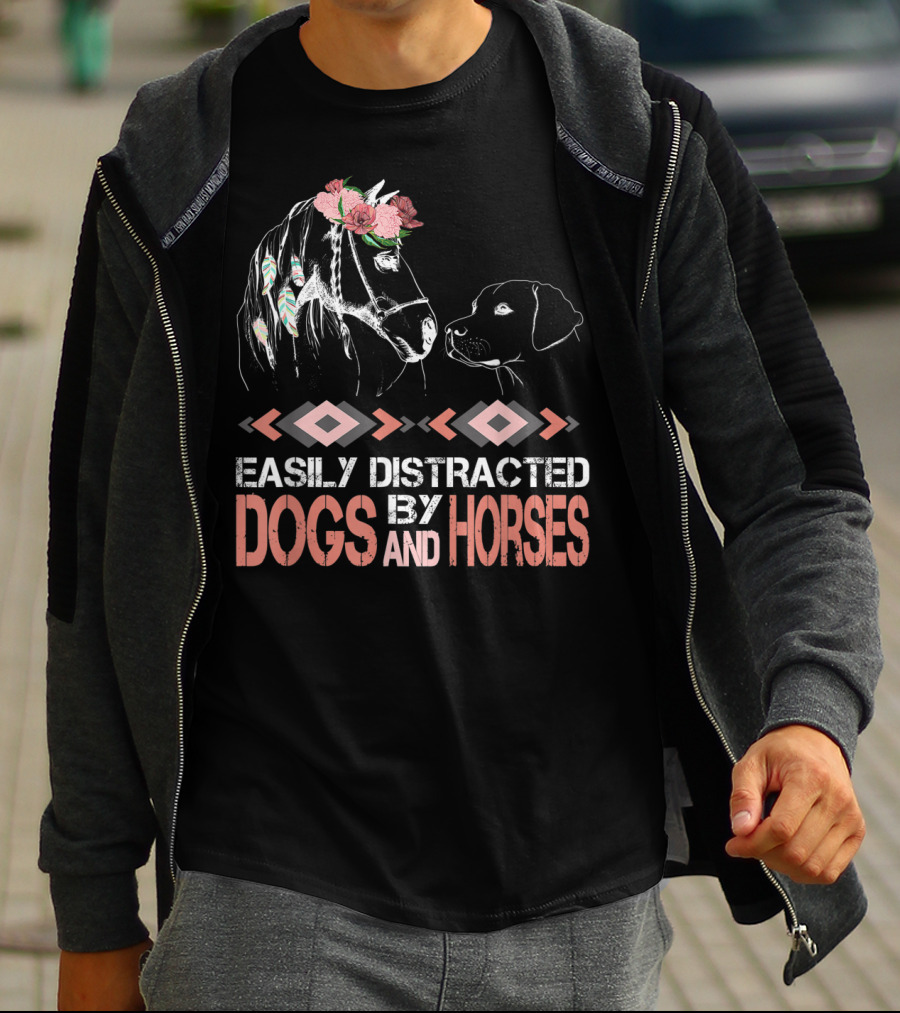 Easily Distracted By Dogs And Horses Horse With Flowers And Feathers T-Shirt