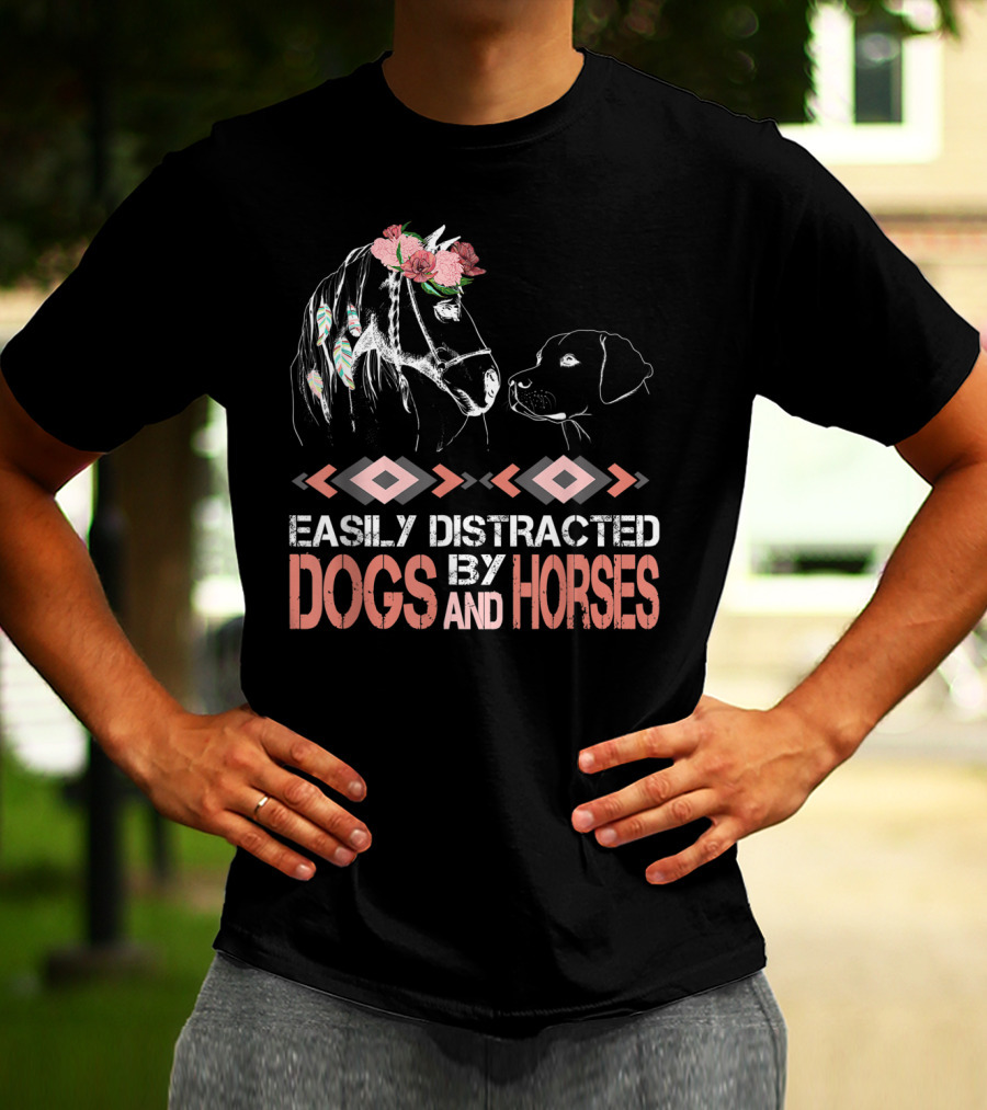 Easily Distracted By Dogs And Horses Horse With Flowers And Feathers T-Shirt