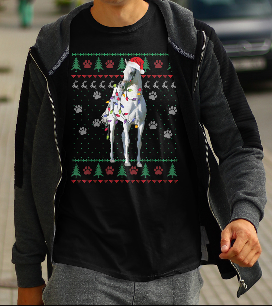 Funny Arabian Horse Santa Christmas Lights Holiday Ugly T-Shirt