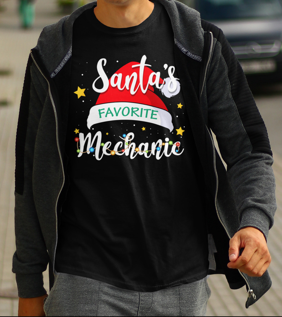Santa's Favorite Mechanic Christmas Costume With Santa Hat And Holiday Lights T-Shirt