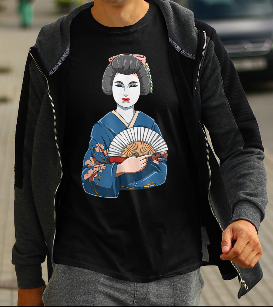 Geisha Girl Traditional Japanese Kimono Fan Blossoms T-Shirt