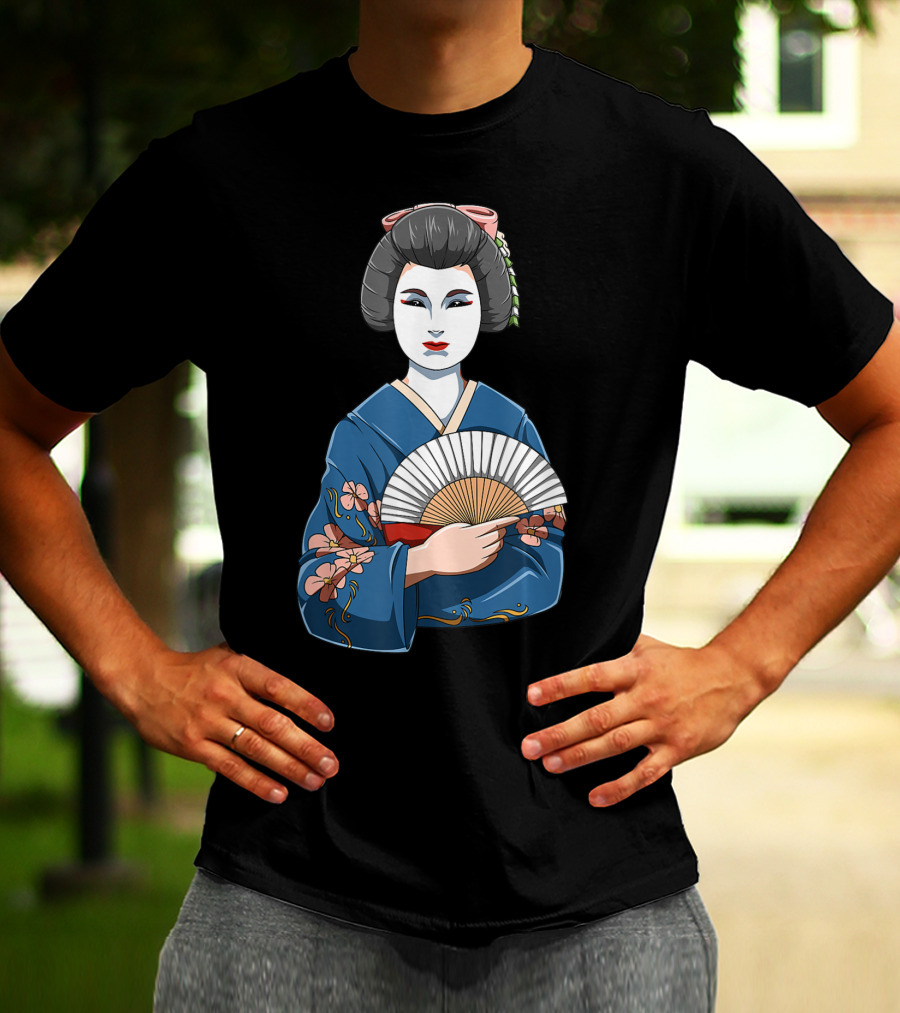 Geisha Girl Traditional Japanese Kimono Fan Blossoms T-Shirt