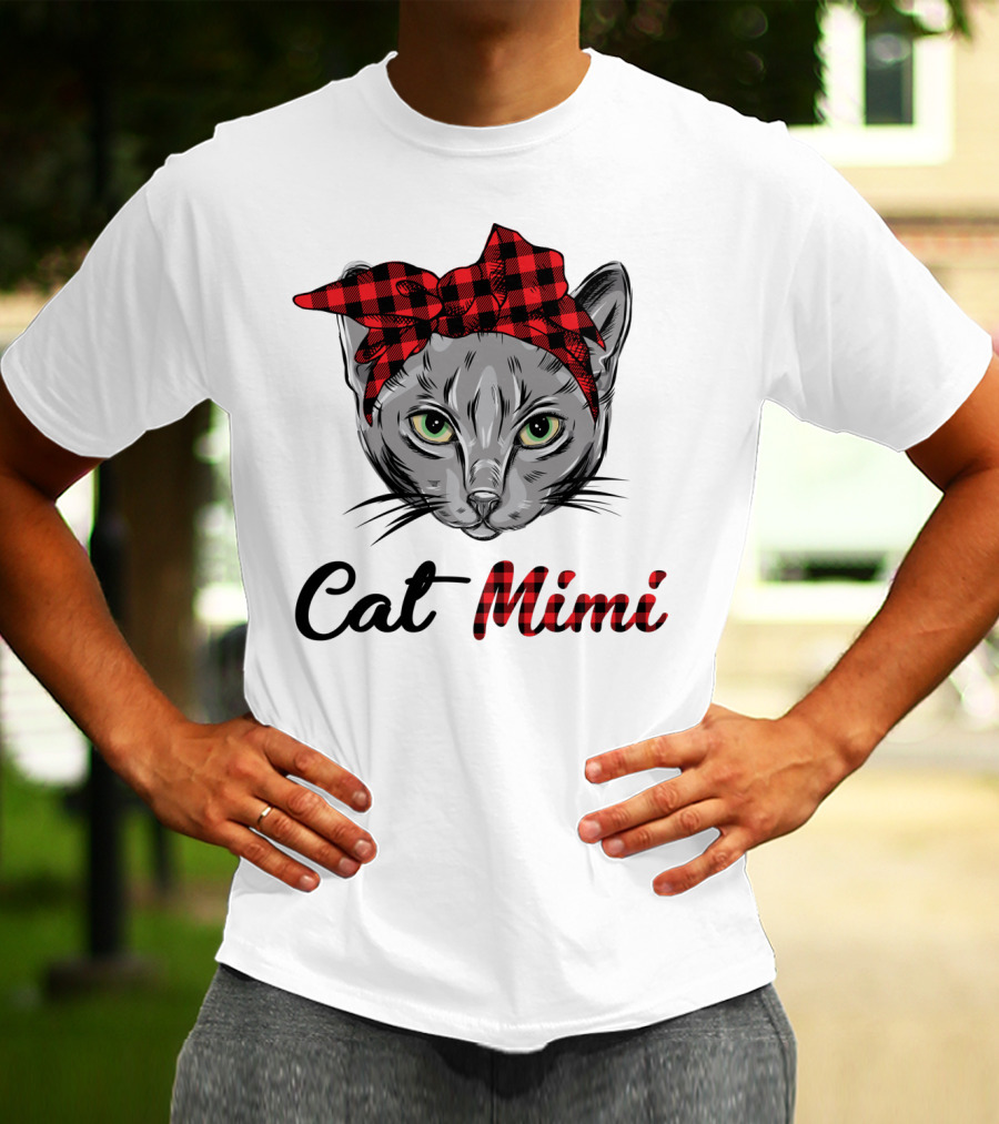 Grandma Pet Outfit Cat Mimi Buffalo Plaid Headband T-Shirt