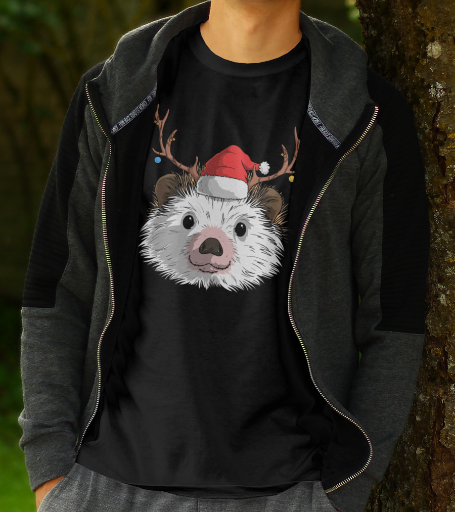 Hedgehog Santa Claus Hat Antlers Christmas Holiday T-Shirt