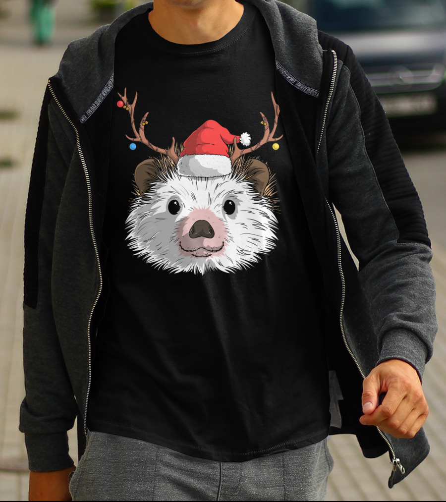 Hedgehog Santa Claus Hat Antlers Christmas Holiday T-Shirt