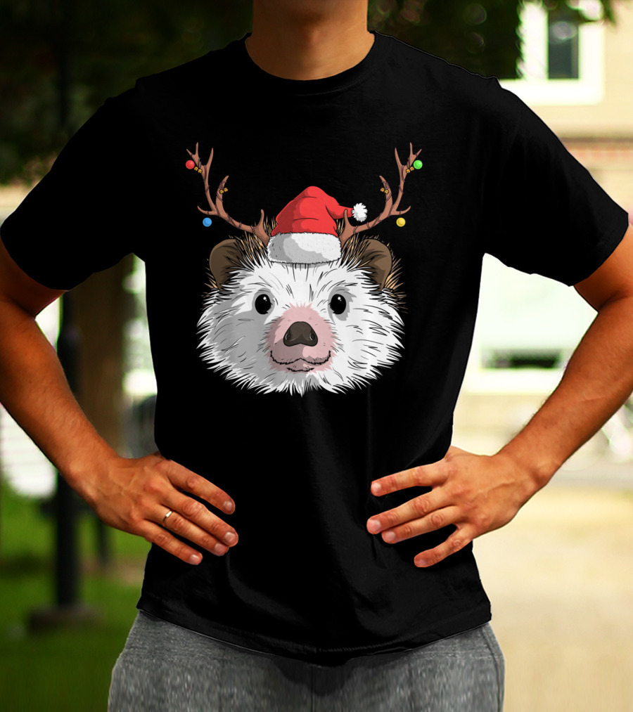 Hedgehog Santa Claus Hat Antlers Christmas Holiday T-Shirt
