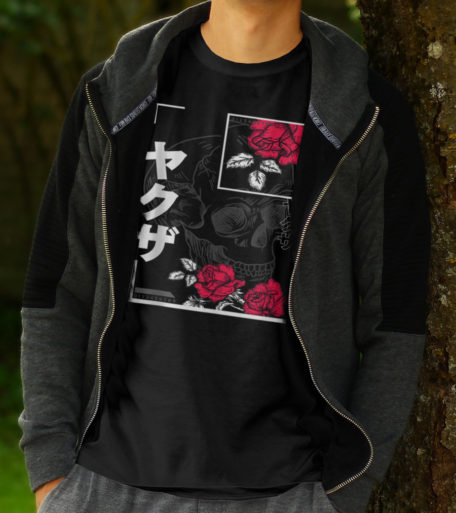 Urban Yakuza Skull And Red Roses T-Shirt