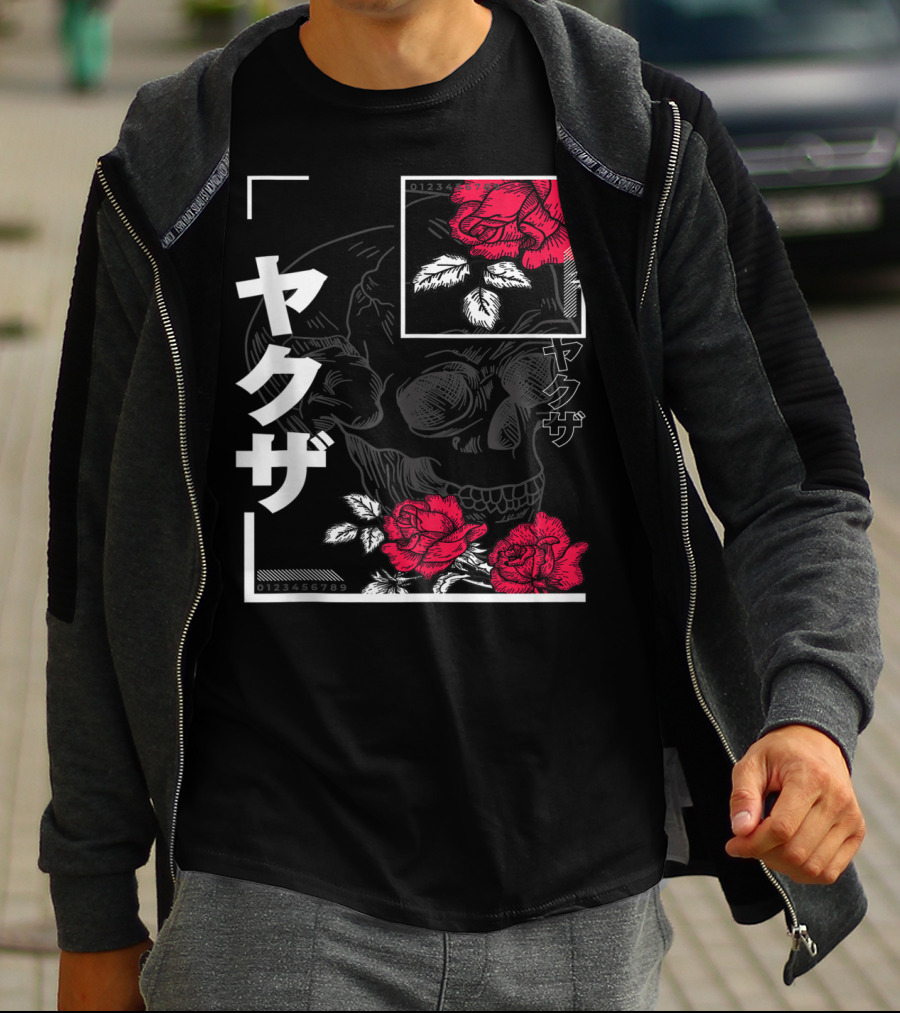 Urban Yakuza Skull And Red Roses T-Shirt