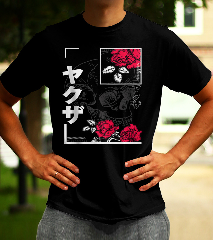 Urban Yakuza Skull And Red Roses T-Shirt