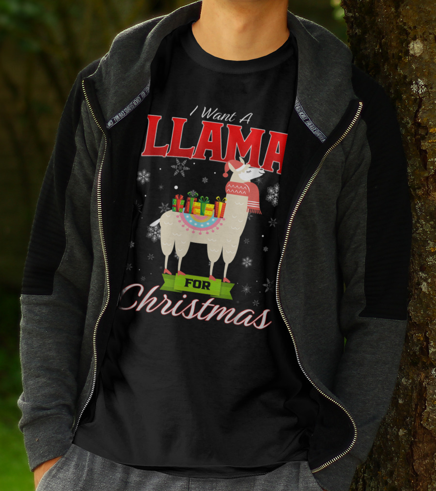 I Want A Llama For Christmas Santa Hat Snowflakes T-Shirt