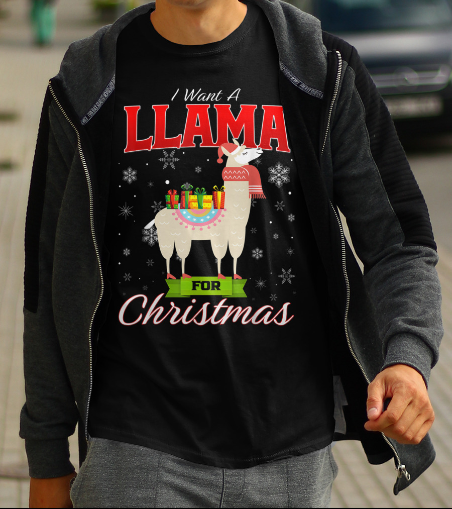 I Want A Llama For Christmas Santa Hat Snowflakes T-Shirt