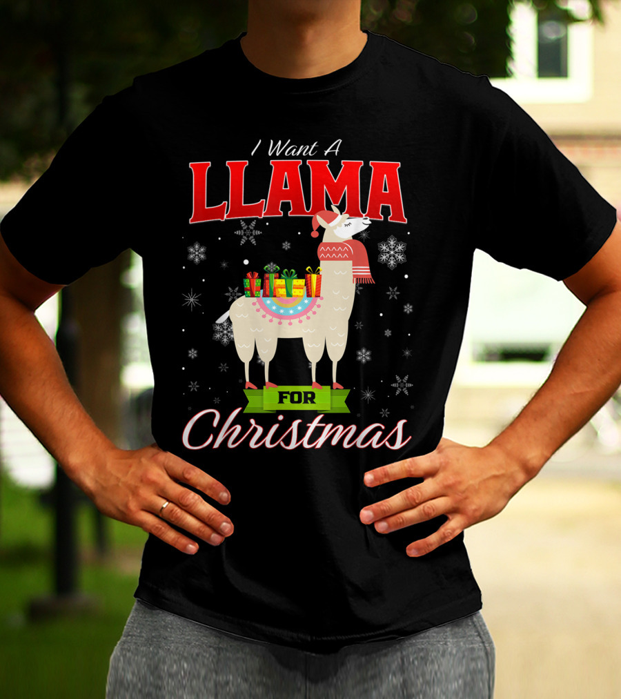 I Want A Llama For Christmas Santa Hat Snowflakes T-Shirt