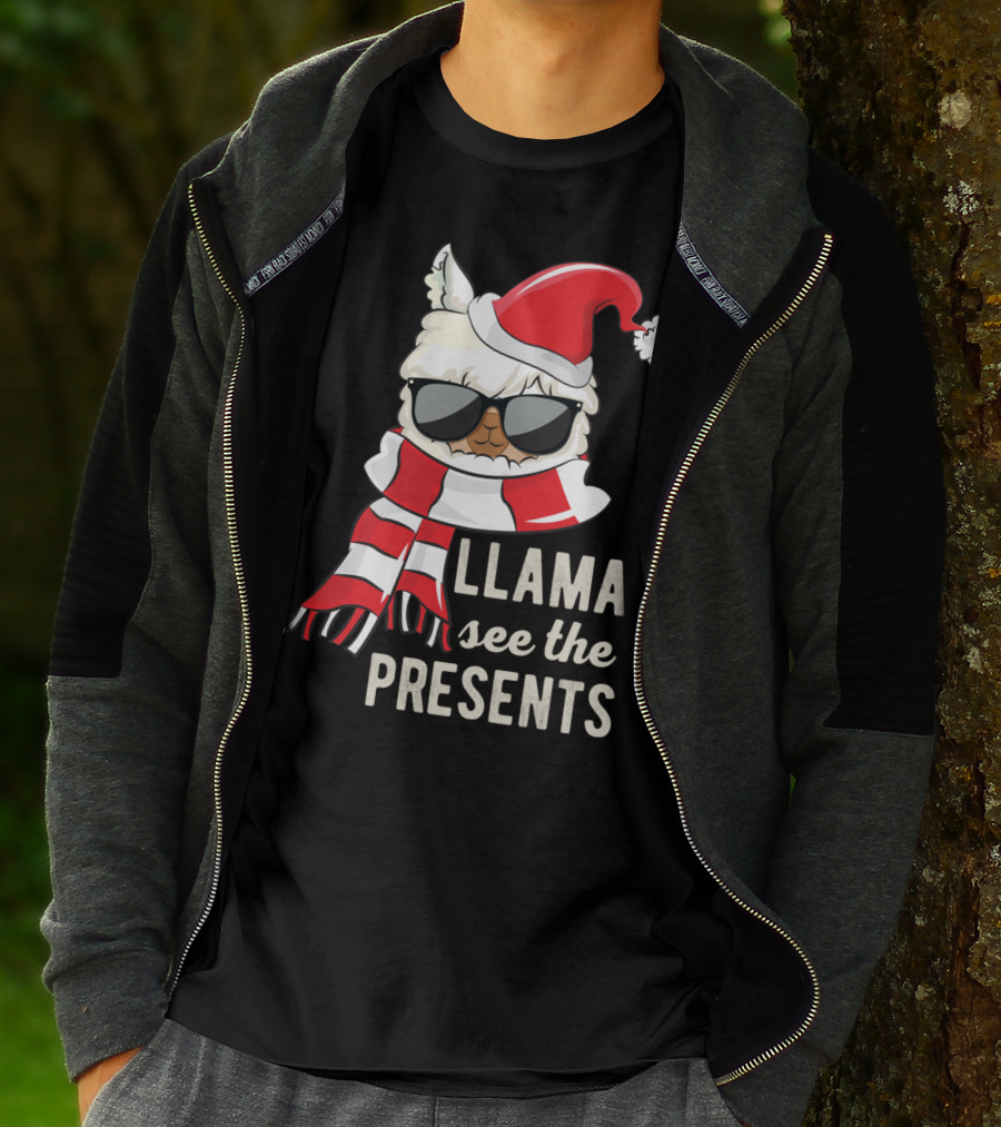Llama See The Presents Funny Hat Xmas Alpaca Christmas Santa Scarf Sunglasses T-Shirt