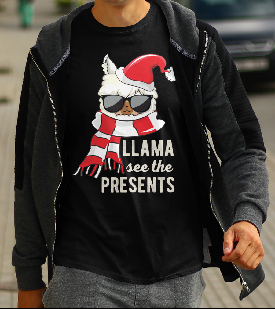 Llama See The Presents Funny Hat Xmas Alpaca Christmas Santa Scarf Sunglasses T-Shirt