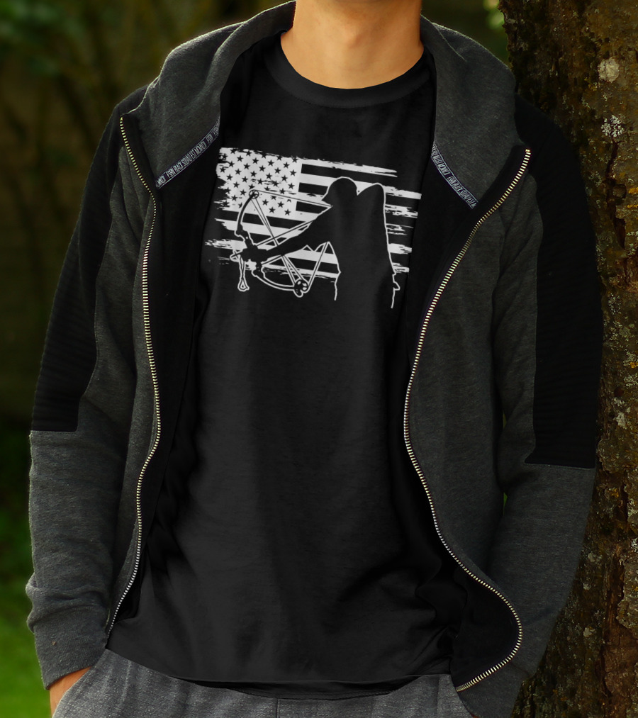 Dad Bowfishing Archer Silhouette With American Flag Background T-Shirt