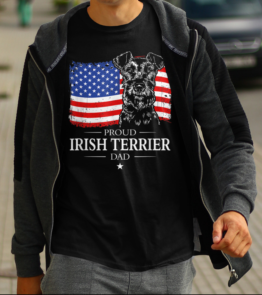 Proud Irish Terrier Dad With American Flag Background T-Shirt