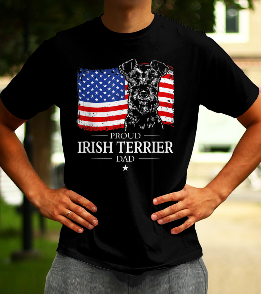 Proud Irish Terrier Dad With American Flag Background T-Shirt