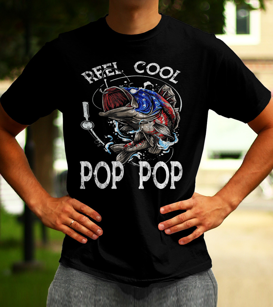 Reel Cool Pop Pop American Flag Bass Fish T-Shirt