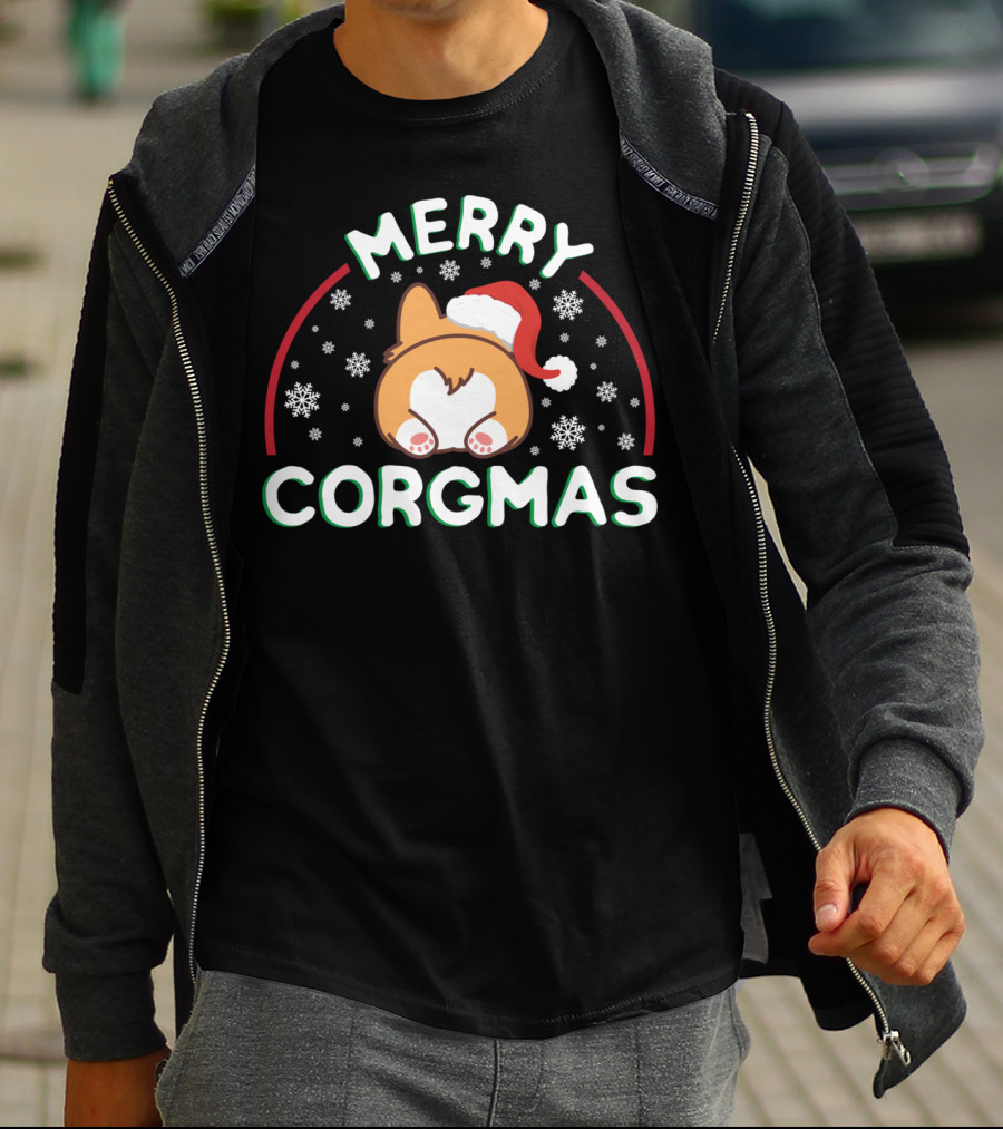 Merry Corgmas Corgi Doggo With Santa Hat And Snowflakes T-Shirt