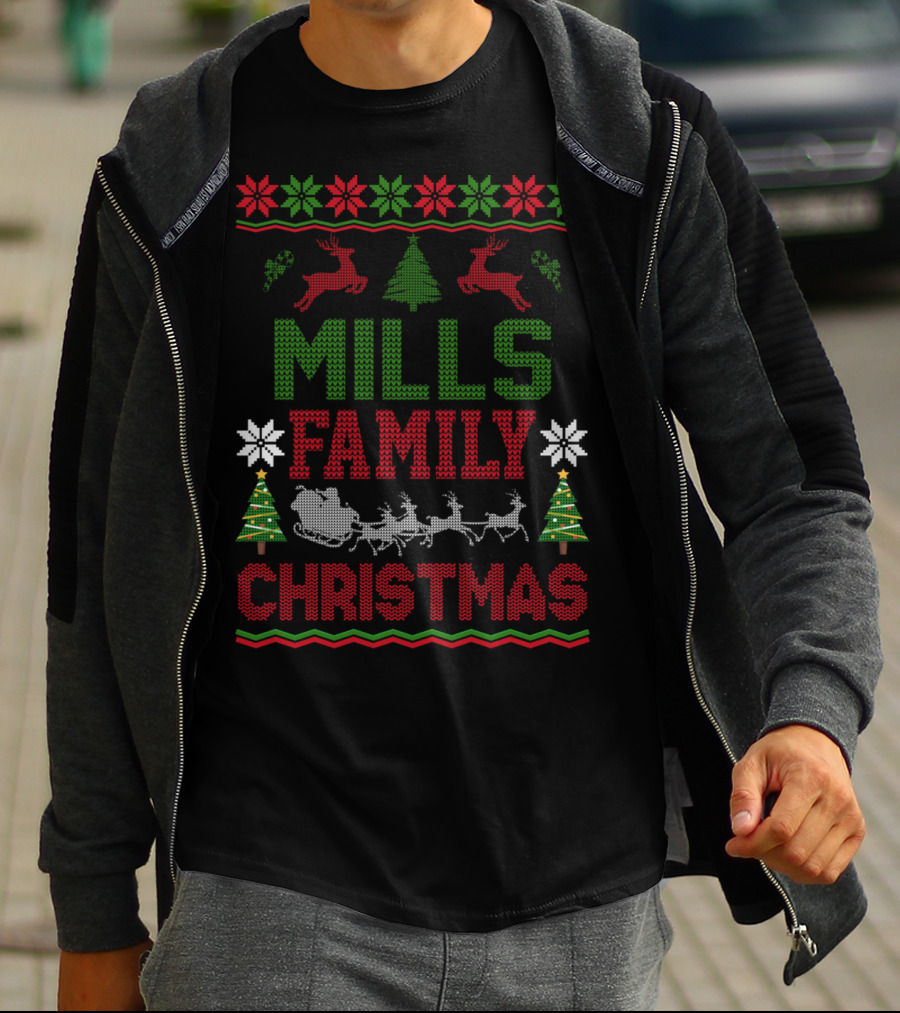 Mills Family Christmas Reindeer Sleigh Ugly Sweater Holiday Trees T-Shirt