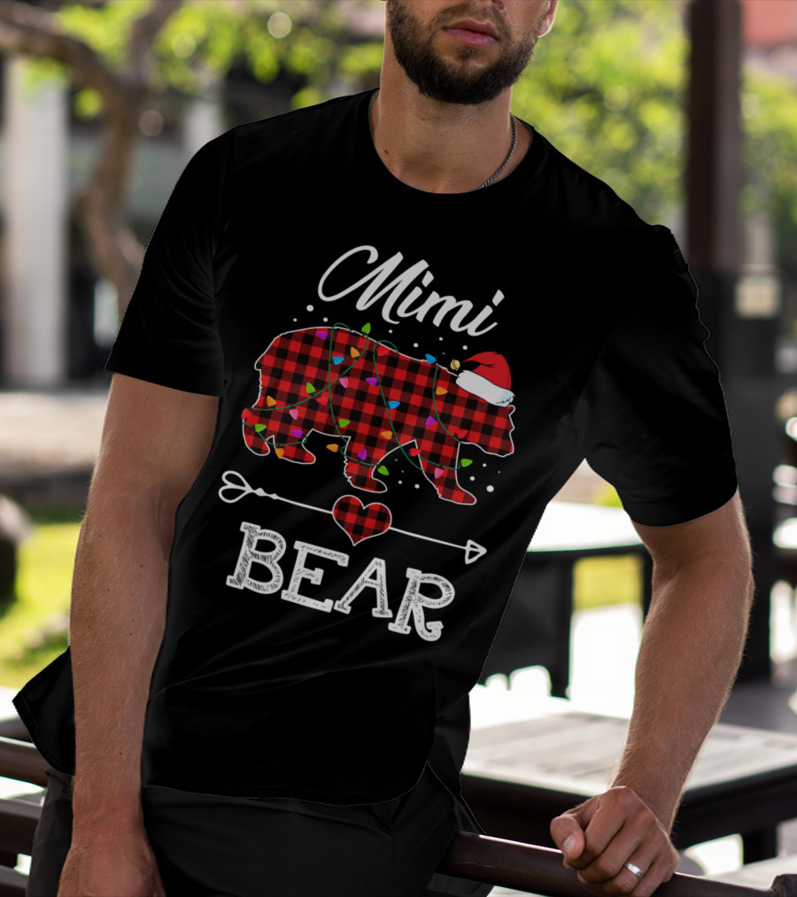 Mimi Bear Christmas Red Plaid Buffalo Santa Hat Lights T-Shirt