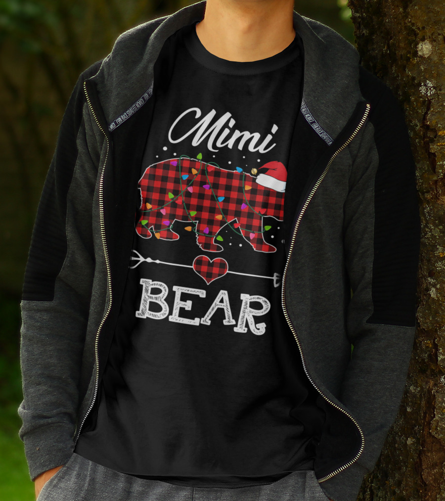Mimi Bear Christmas Red Plaid Buffalo Santa Hat Lights T-Shirt