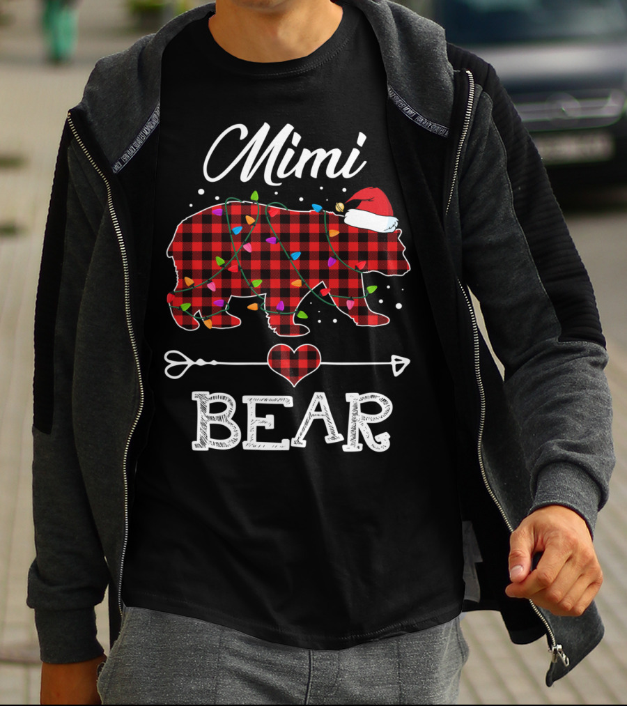 Mimi Bear Christmas Red Plaid Buffalo Santa Hat Lights T-Shirt